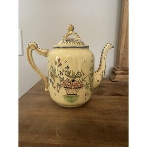 Vintage French Kenilworth QUIMPER Soleil Yellow Coffee Teapot Floral 7.5”T